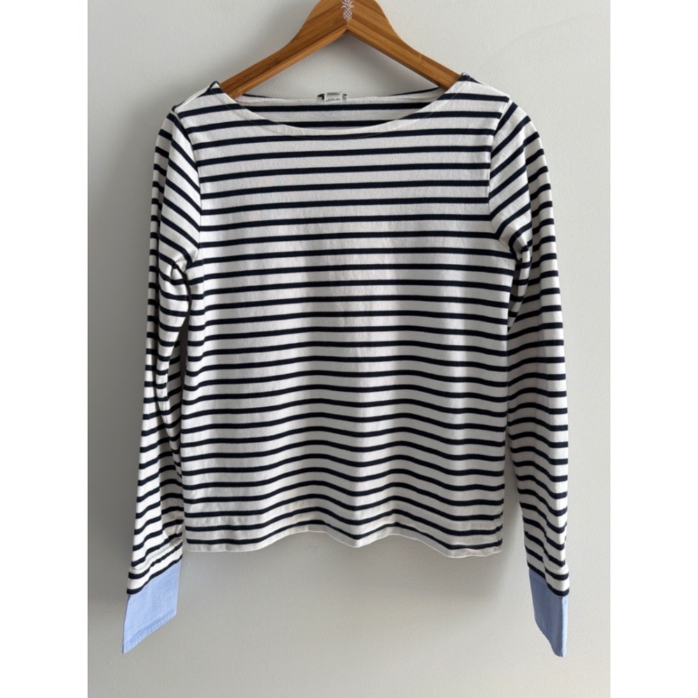 J.Crew Women Striped Boatneck Long Sleeve Tee Blue White Contrast Cuff